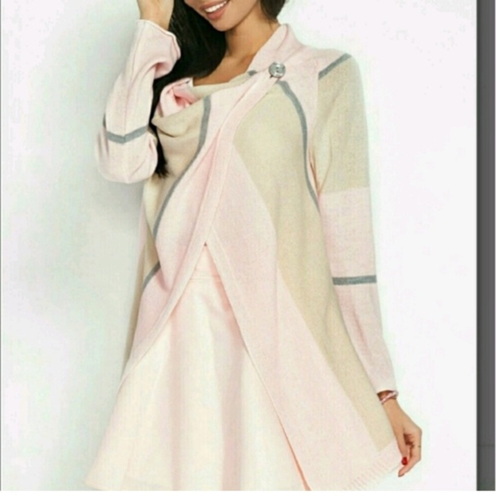 Fobya Pink Beige Gray Colorblock Longline Cardigan Cozy Feminine Knit